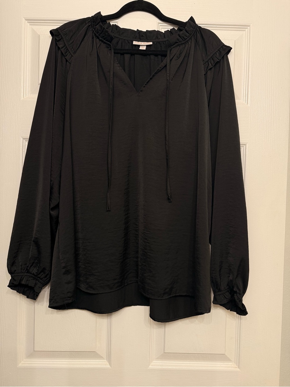 Knox Rose Black Satin Ruffle Tie Neck Blouse XXL Boho